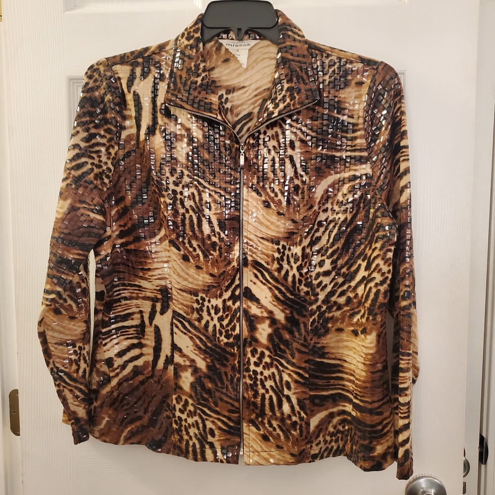 Exclusively Misook sz L Jacket Cheetah Print Zip Front Stretch Artsy Shiny Retro